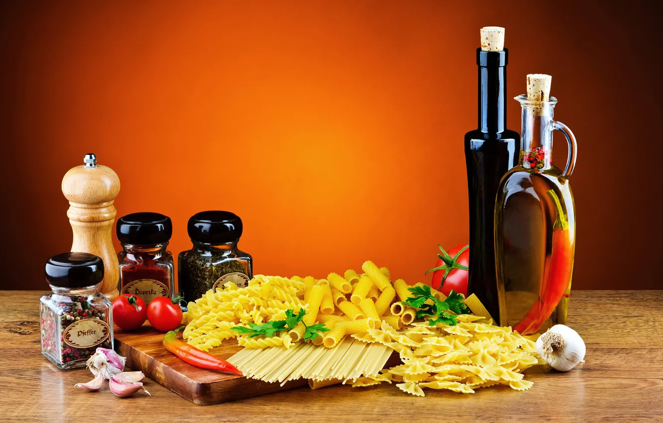 Photo wallpaper oil, pepper, banks, tomatoes, spices, pasta