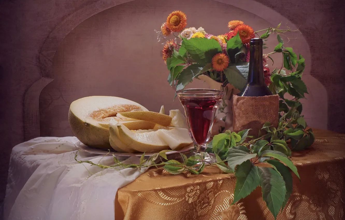 Photo wallpaper leaves, flowers, table, wine, glass, bottle, plate, vase