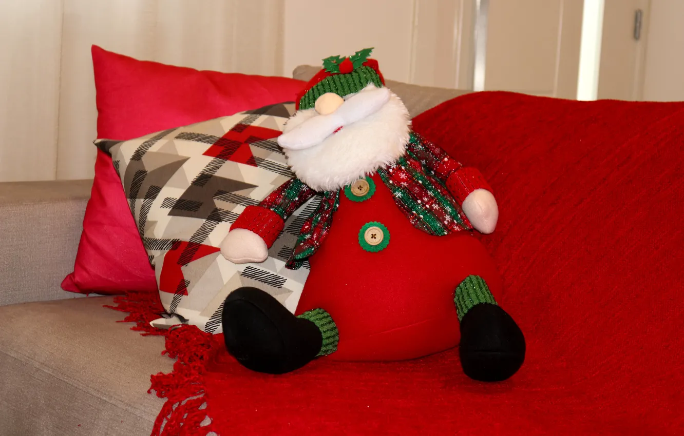 Photo wallpaper winter, red, sofa, holiday, toy, pillow, Christmas, costume