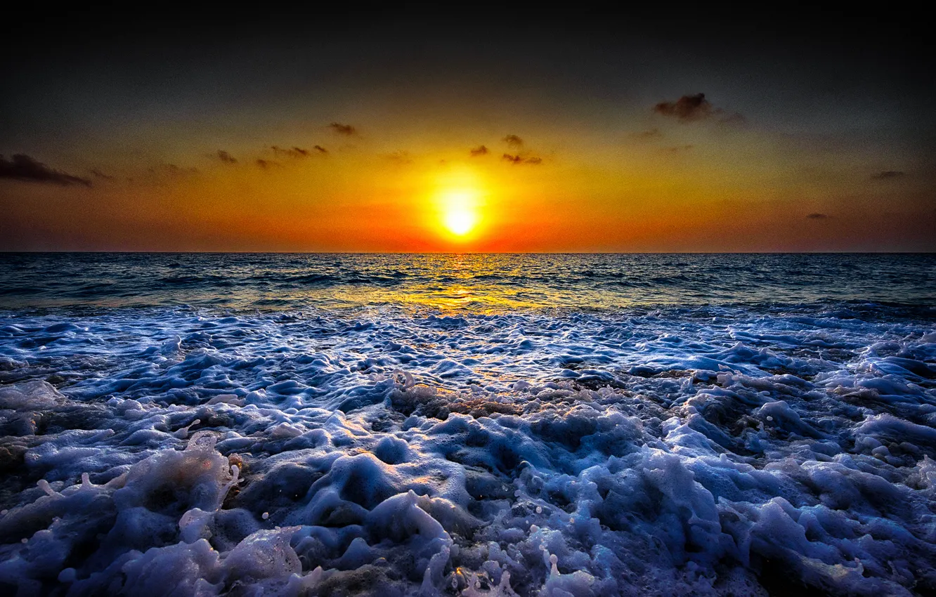 Photo wallpaper sea, wave, beach, sunrise, horizon, orange sky