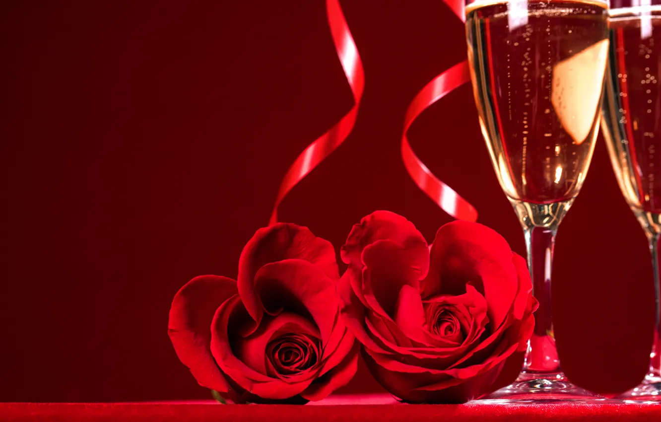 Photo wallpaper flowers, glass, roses, love, champagne, Valentine's day