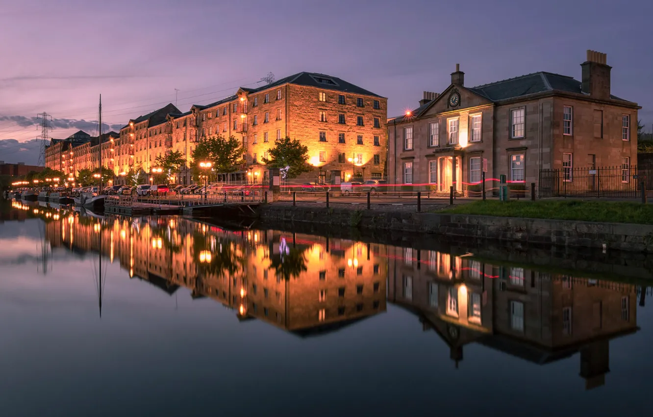 Photo wallpaper water, lights, reflection, river, boat, home, the evening, pier