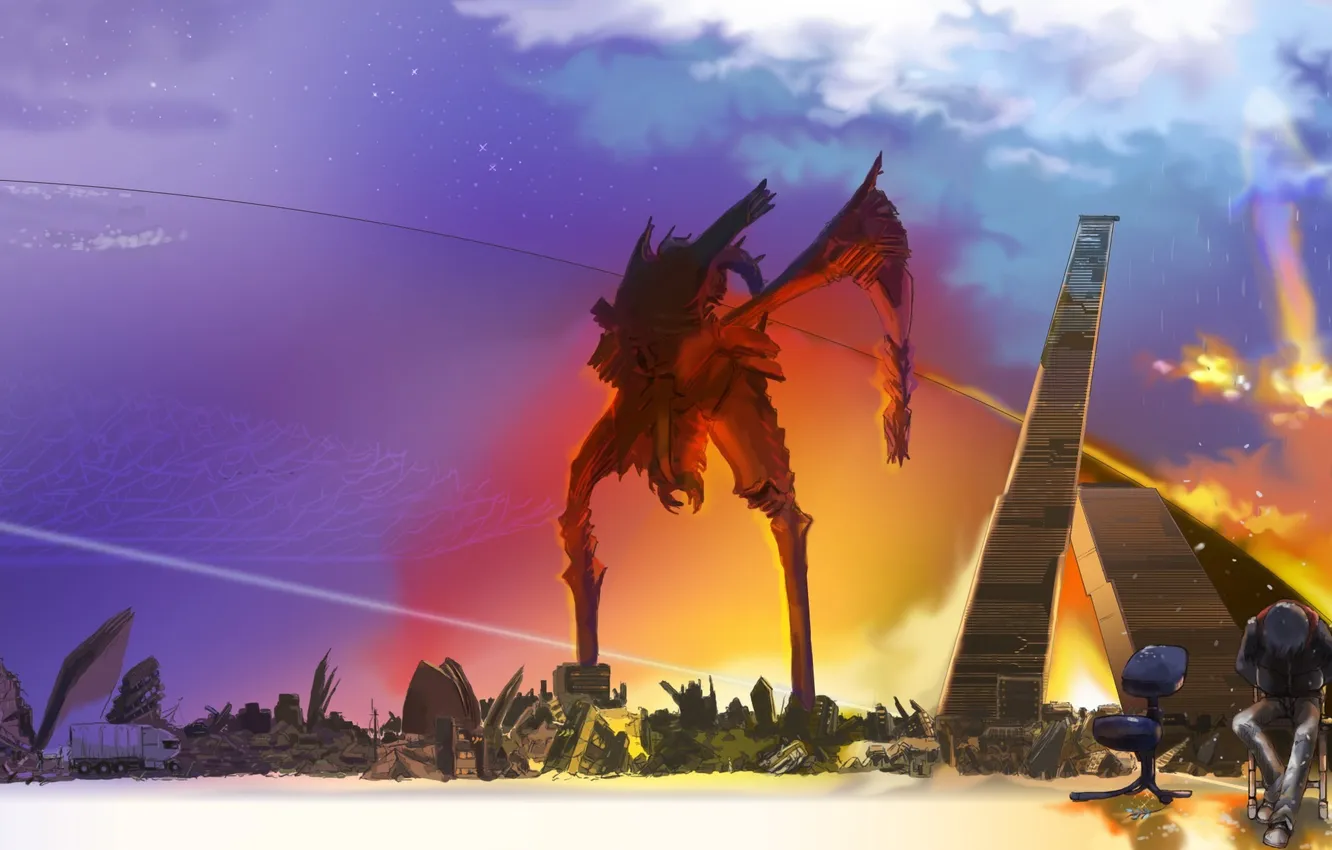 Photo wallpaper the sky, clouds, the explosion, robot, anime, art, chair, guy