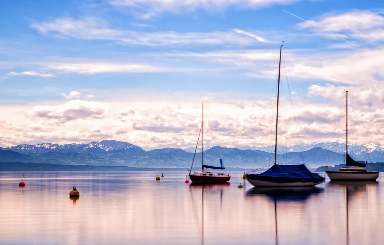 Photo wallpaper clouds, mountains, lake, dawn, boat, the buoys