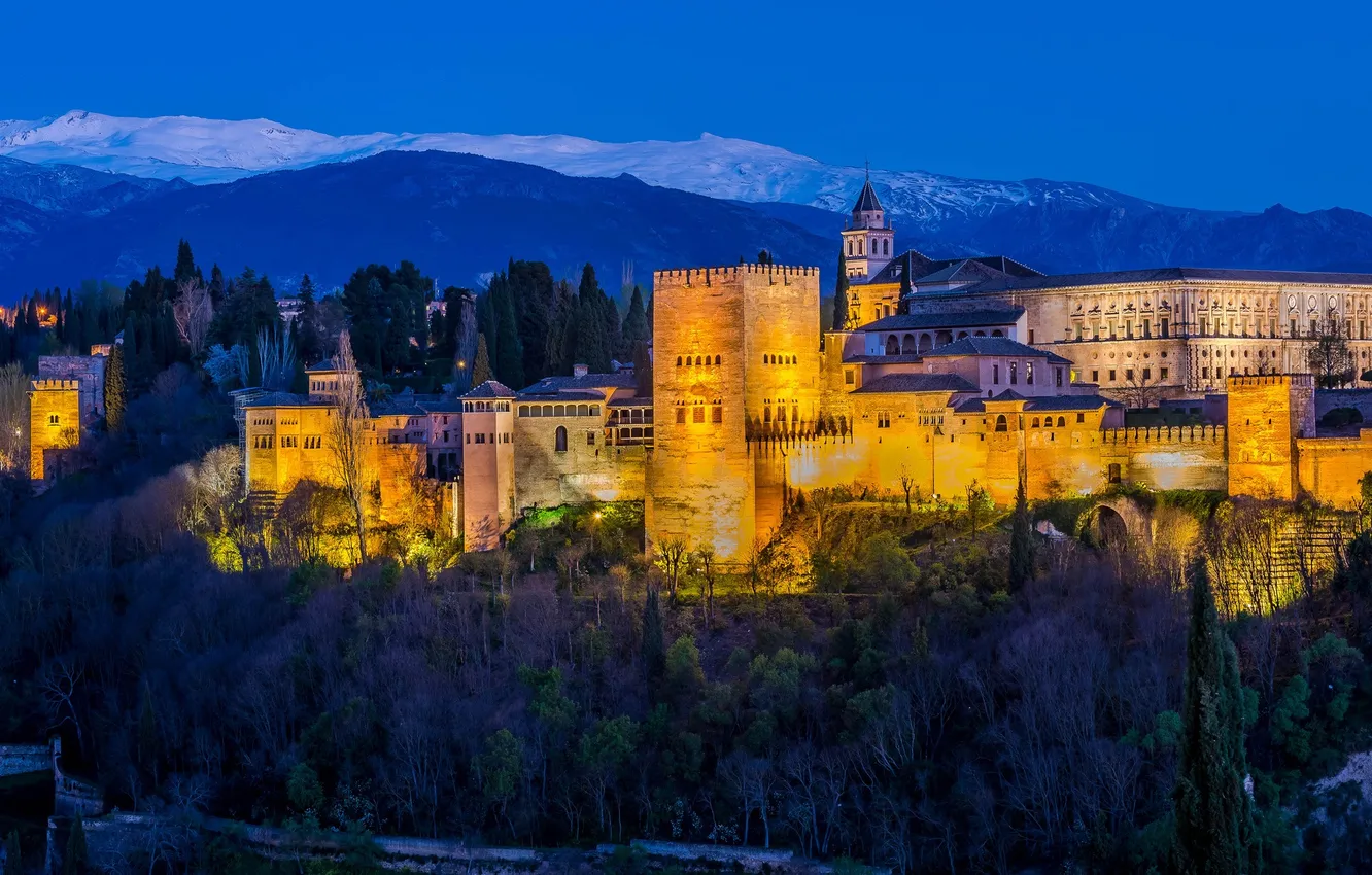 Photo wallpaper trees, mountains, night, lights, tower, fortress, Spain, Palace