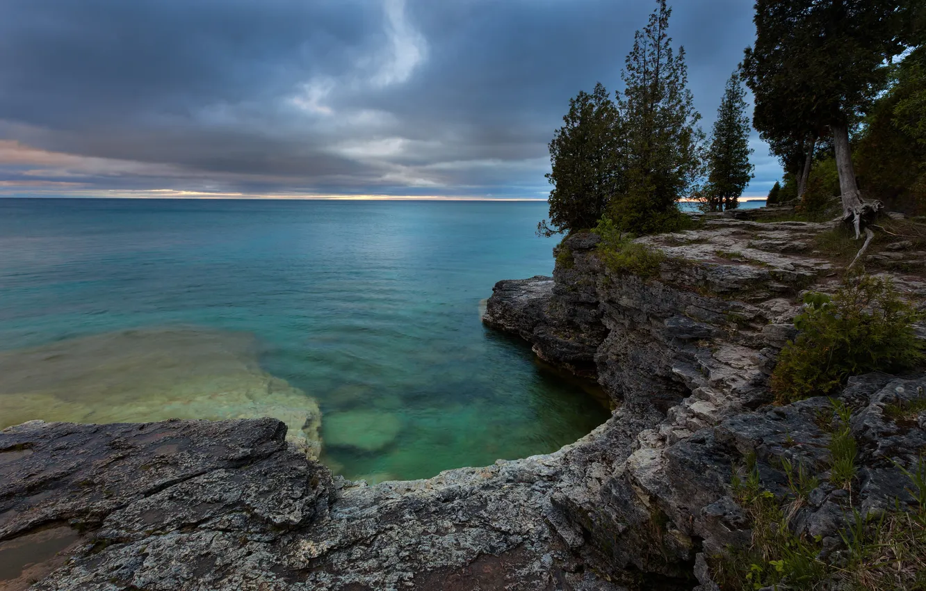 Photo wallpaper the sky, trees, clouds, lake, rocks