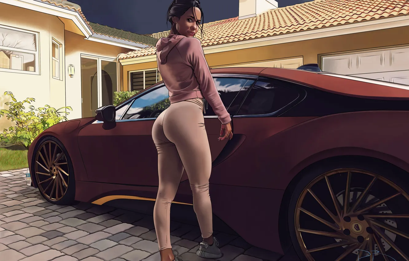 Photo wallpaper machine, look, girl, reflection, home, figure, mirror, hairstyle