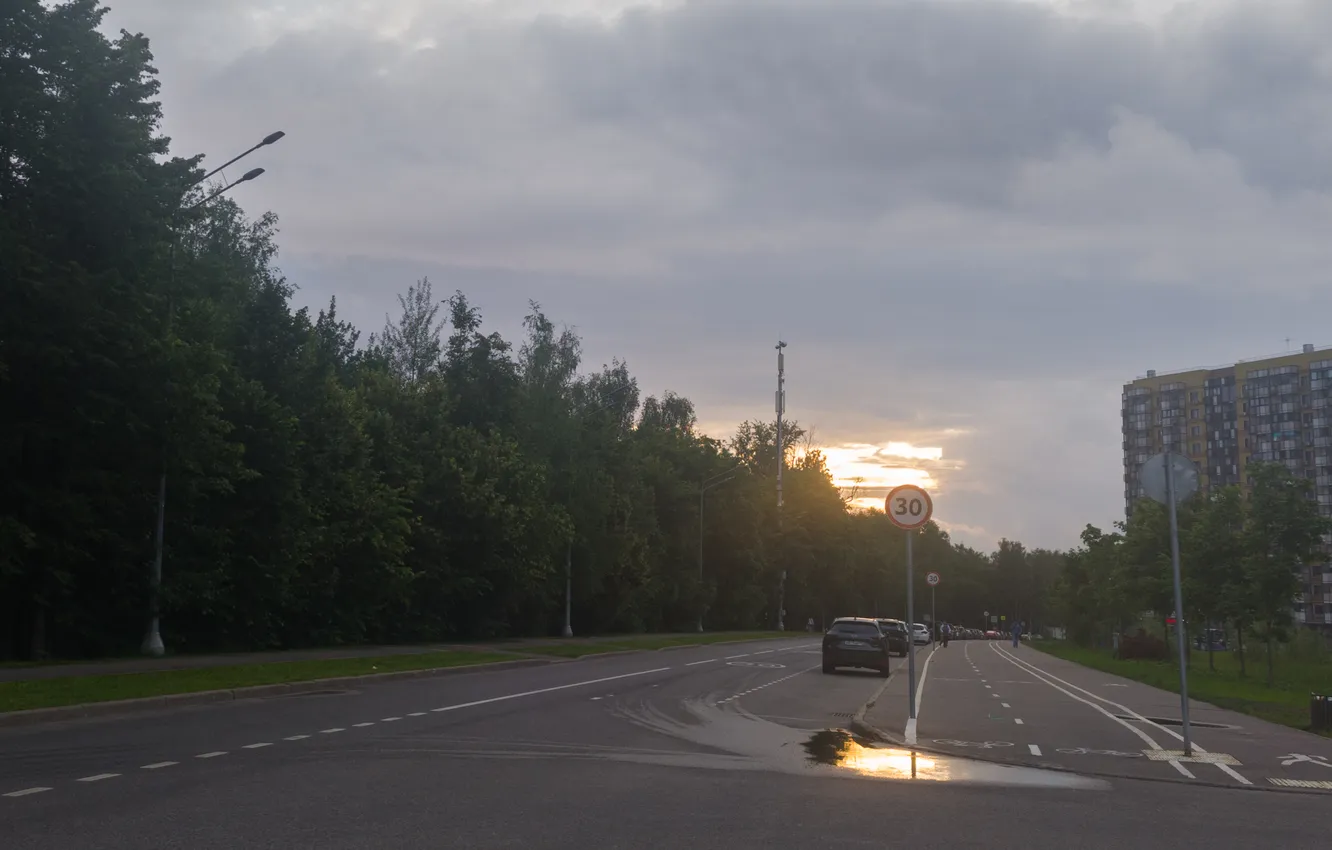 Photo wallpaper road, machine, summer, trees, clouds, overcast, people, building