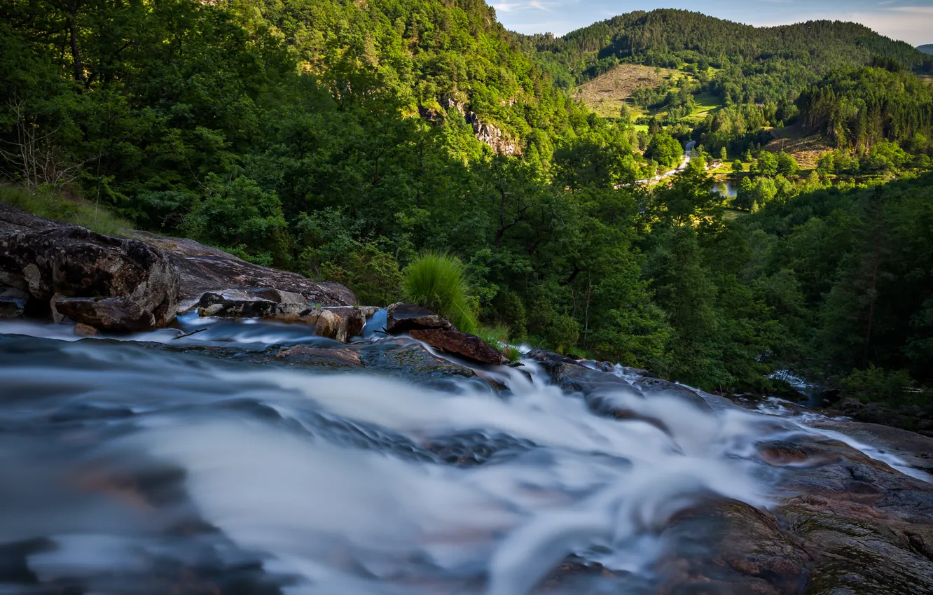 Photo wallpaper trees, mountains, stones, waterfall