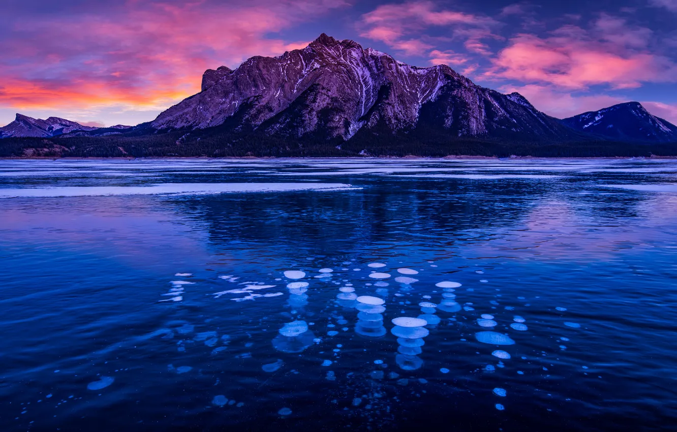 Photo wallpaper ice, clouds, mountains, blue, shore, pond