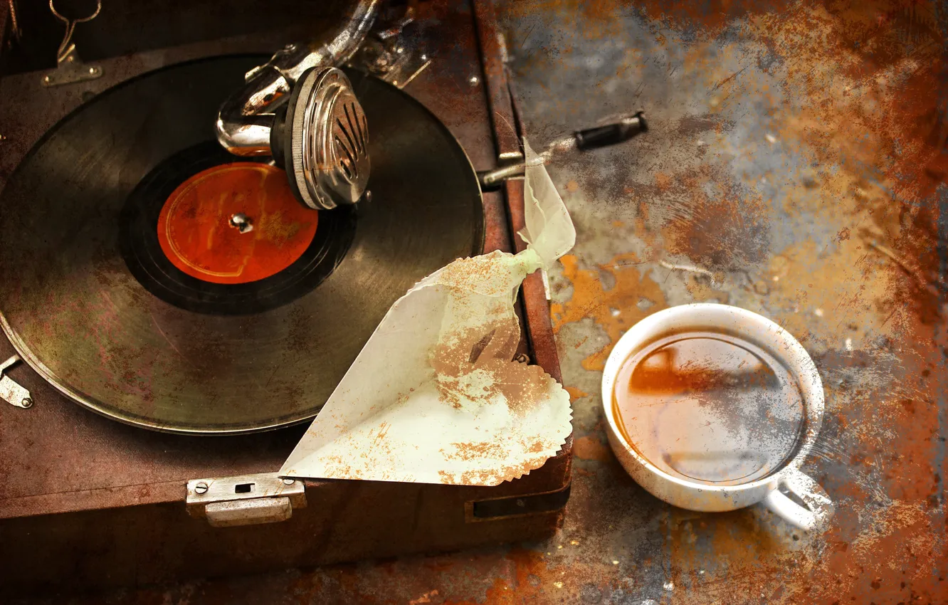 Photo wallpaper heart, Cup, player, vinyl, record, grunge, grunge