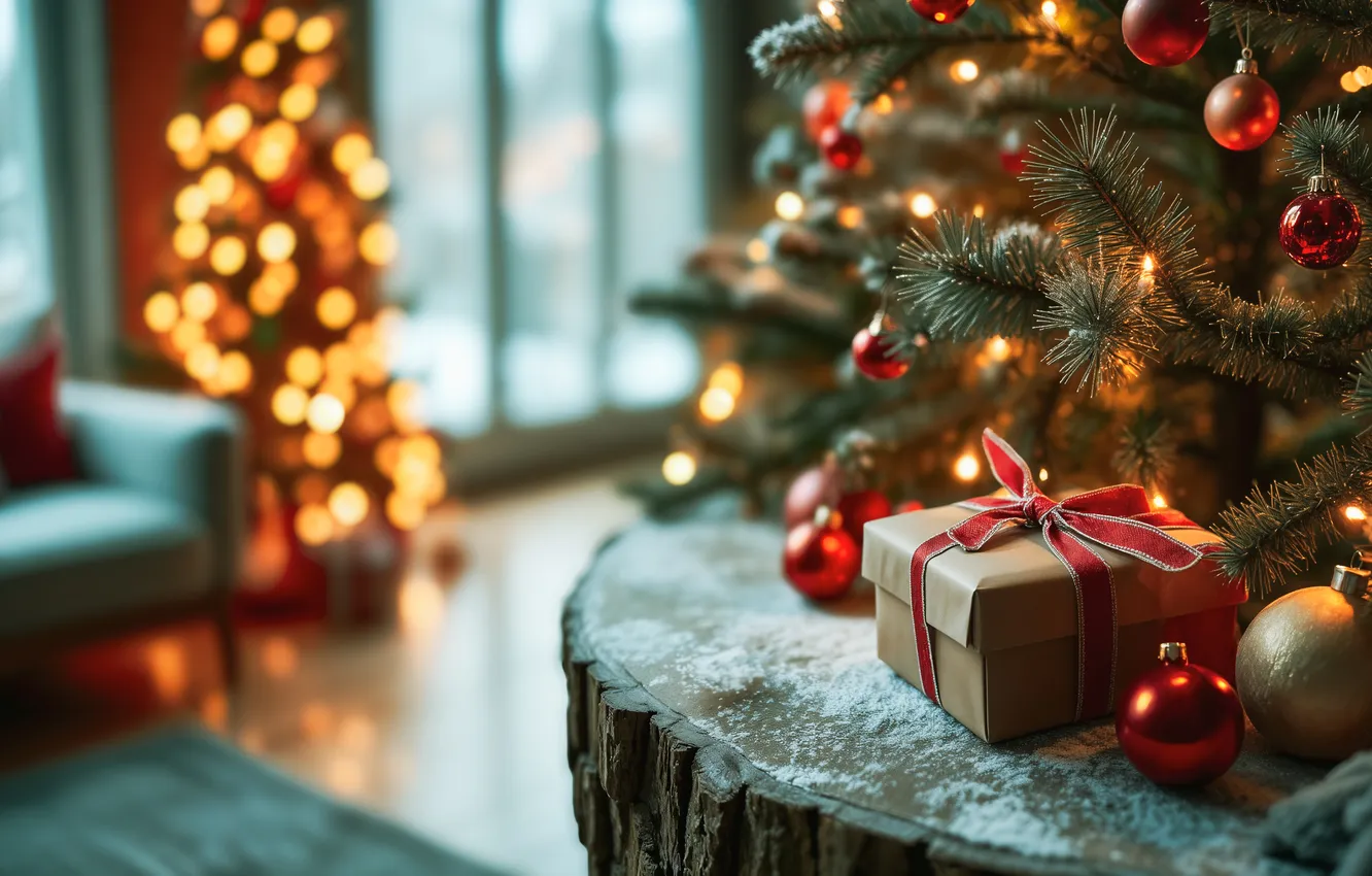 Photo wallpaper balls, branches, lights, room, gift, new year, window, Christmas