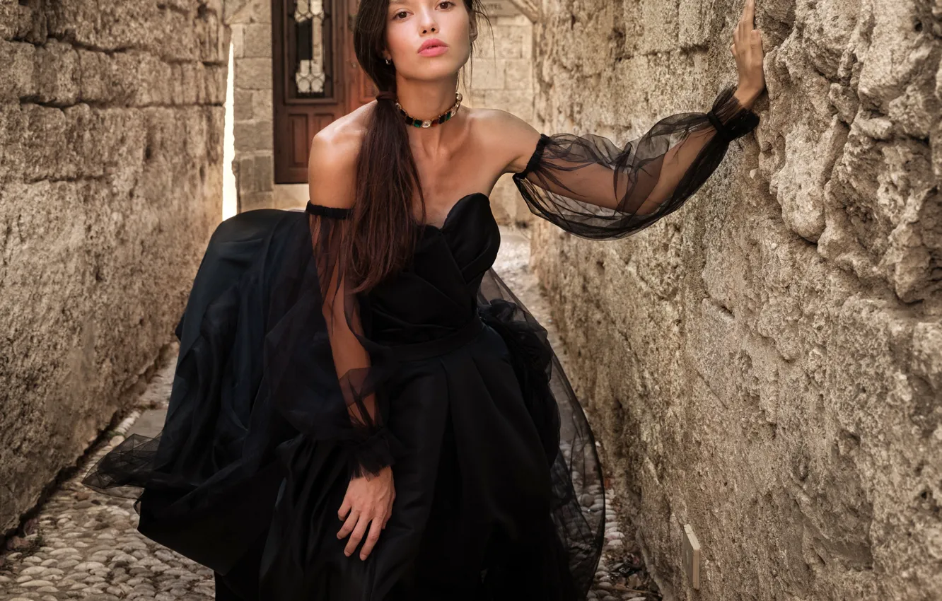 Photo wallpaper look, pose, wall, model, portrait, makeup, dress, hairstyle