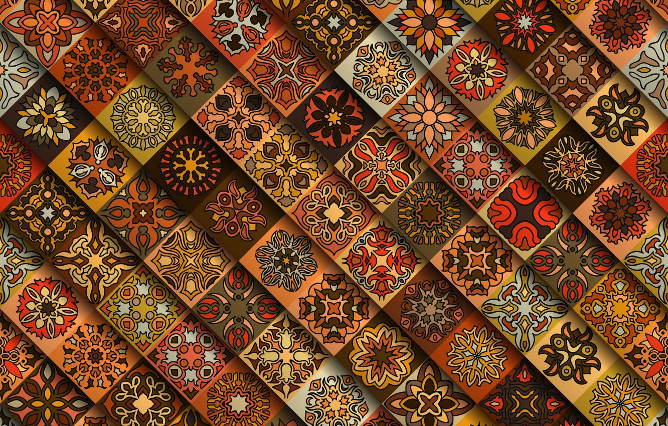 Photo wallpaper flowers, red, pattern, geometry, brown, ornament