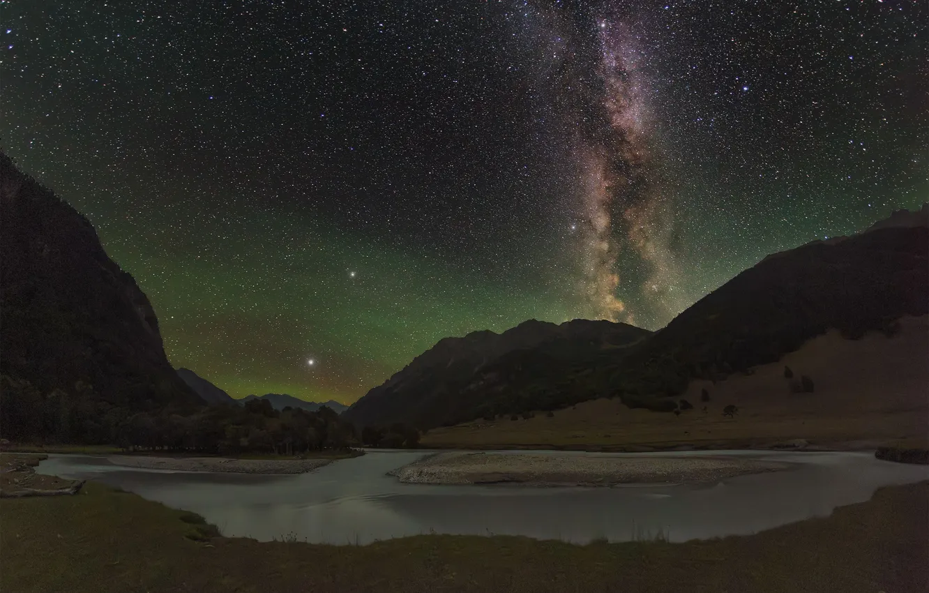 Photo wallpaper night, nature, beauty, galaxy, pond, Kudashkina Ksenia, Incredible own glow of the atmosphere