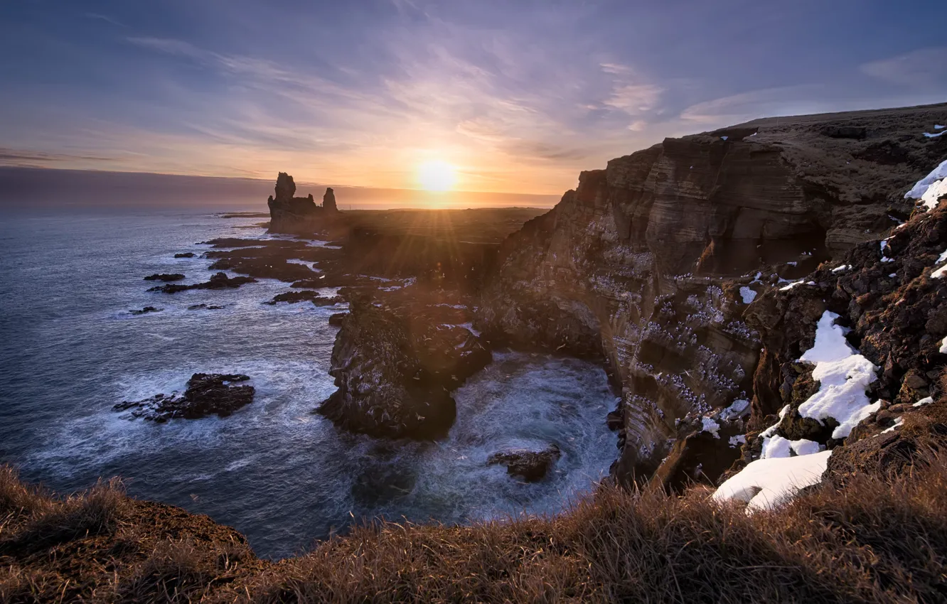 Photo wallpaper winter, sea, the sun, rays, snow, rocks, morning