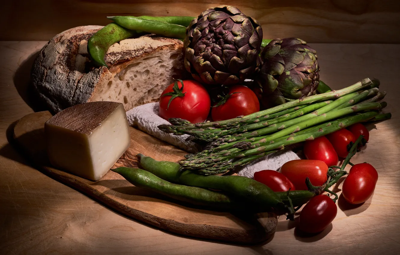 Photo wallpaper summer, cutting Board, table, asparagus, vegetables, tomatoes, towel, beans