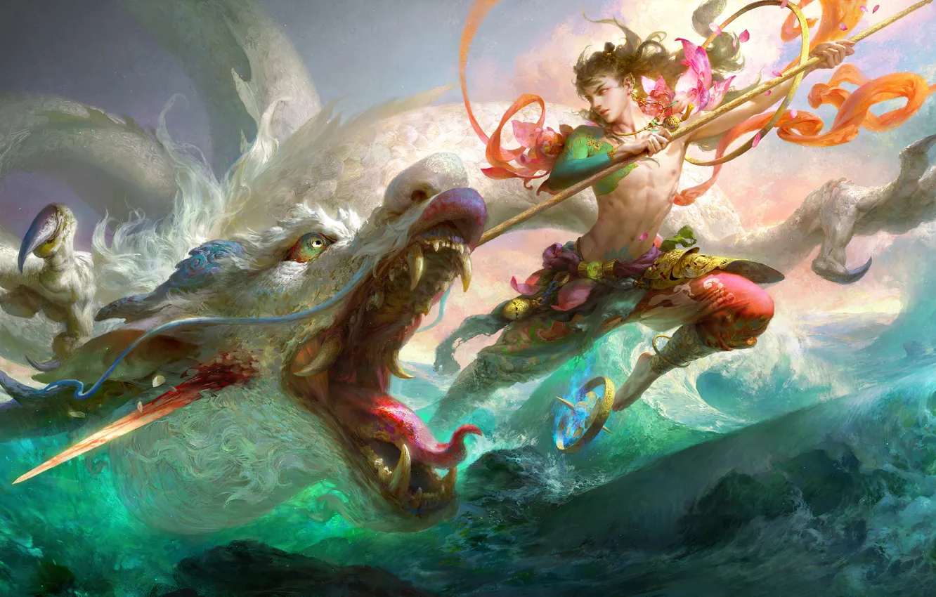 Photo wallpaper fantasy, sea, ocean, man, tattoo, dragon, battle, artwork
