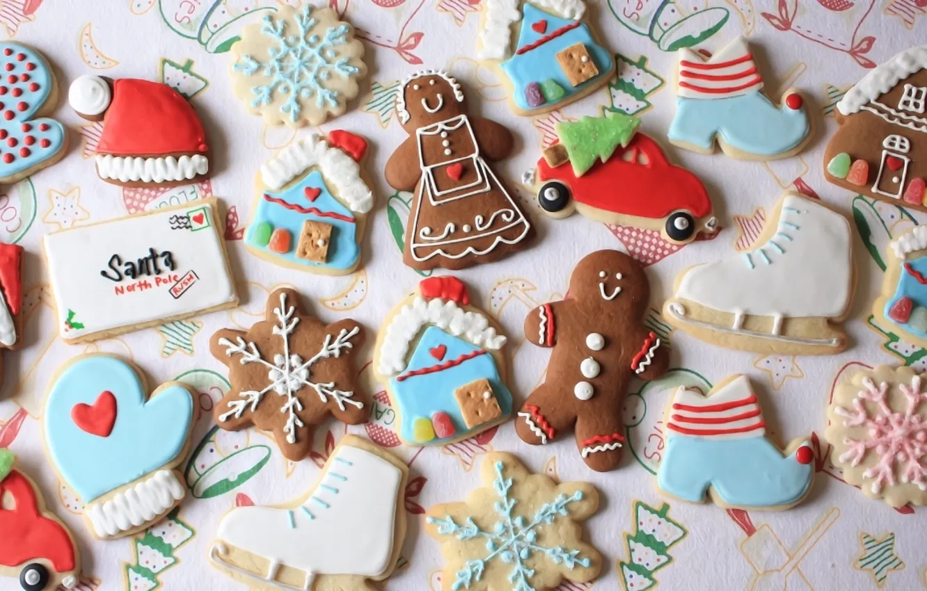 Photo wallpaper holiday, New Year, cookies, sweets, figures, cakes, treat, gingerbread