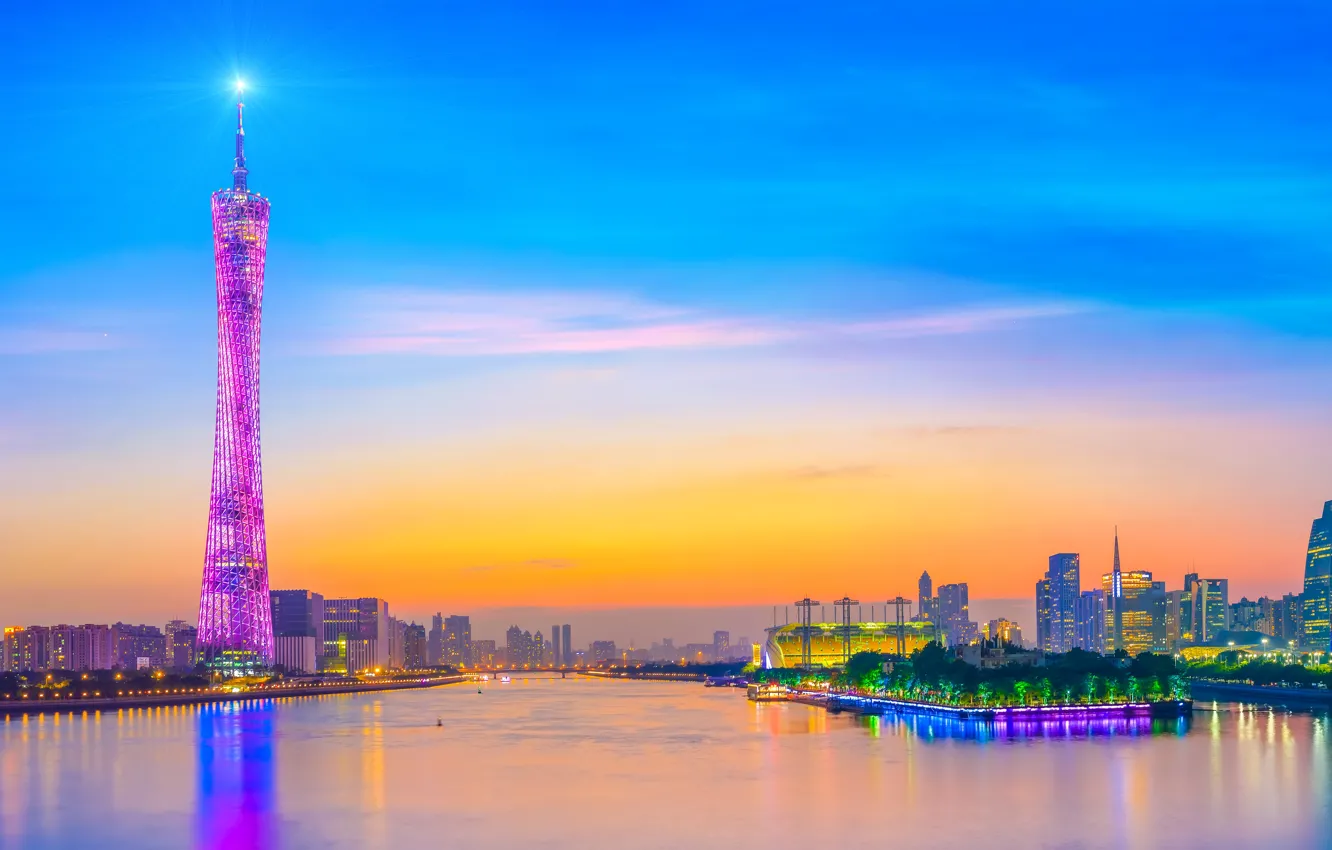 Photo wallpaper the city, lights, river, China, the urban landscape