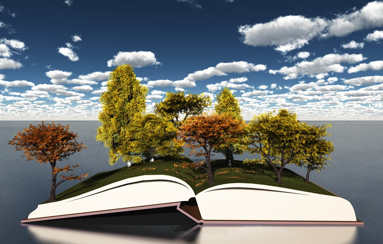 Photo wallpaper autumn, the sky, clouds, trees, foliage, open book