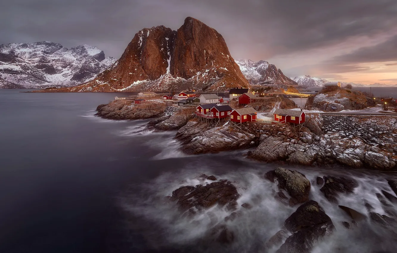 Photo wallpaper sea, light, snow, mountains, rocks, the evening, Norway, the village