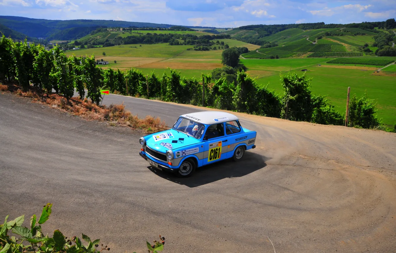 Photo wallpaper Auto, Blue, Sport, Rally, Rally, The view from the top, Trabant, Smack