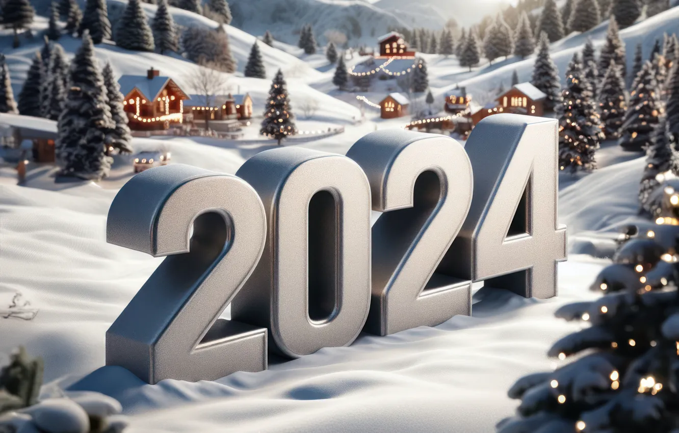Photo wallpaper new year, figures, winter, snow, New Year, decoration, numbers, 2024