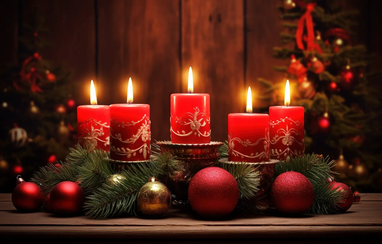 Photo wallpaper decoration, balls, candles, New Year, Christmas, red, new year, Christmas