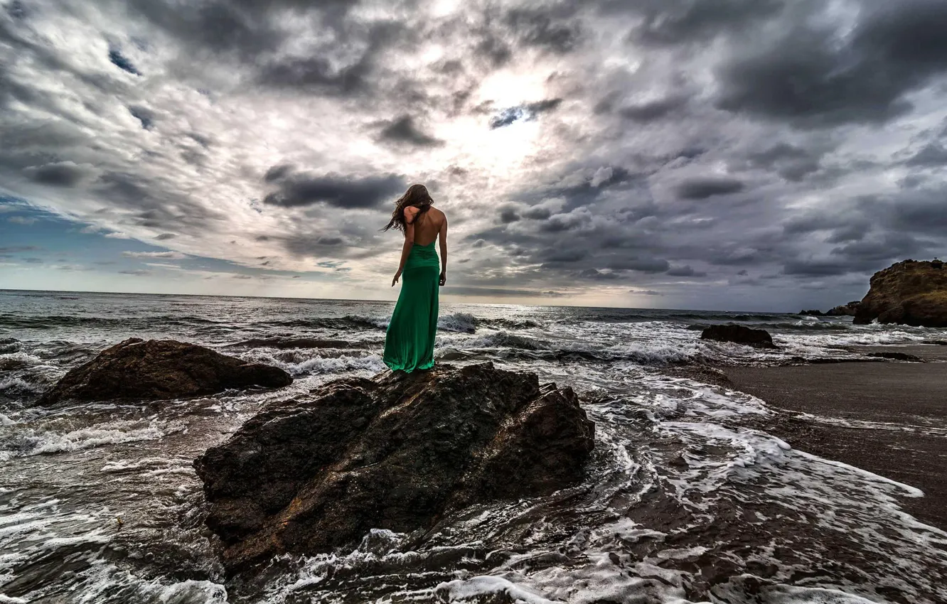 Photo wallpaper STONES, HORIZON, The SKY, CLOUDS, DRESS, SURF, WAVE, BACK