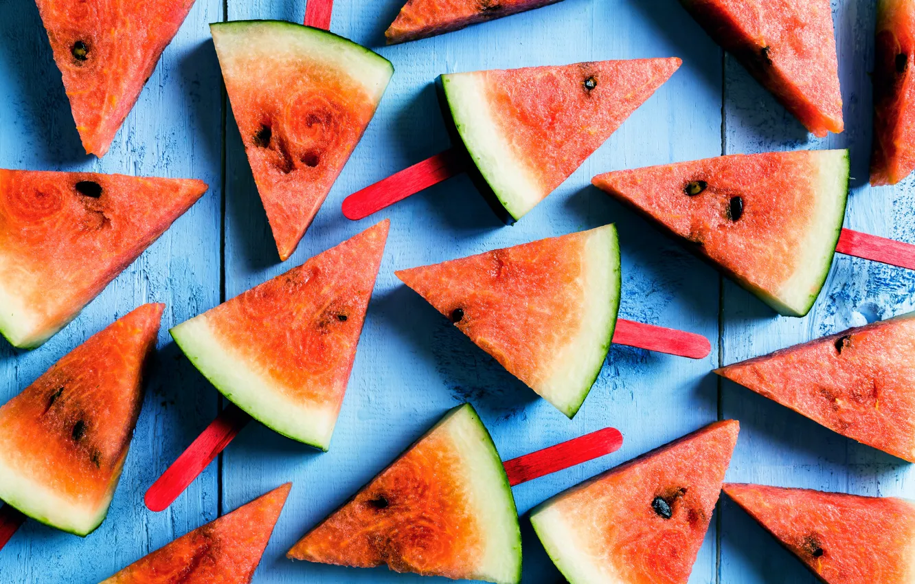 Photo wallpaper watermelon, fresh, wood, slices, watermelon, slice