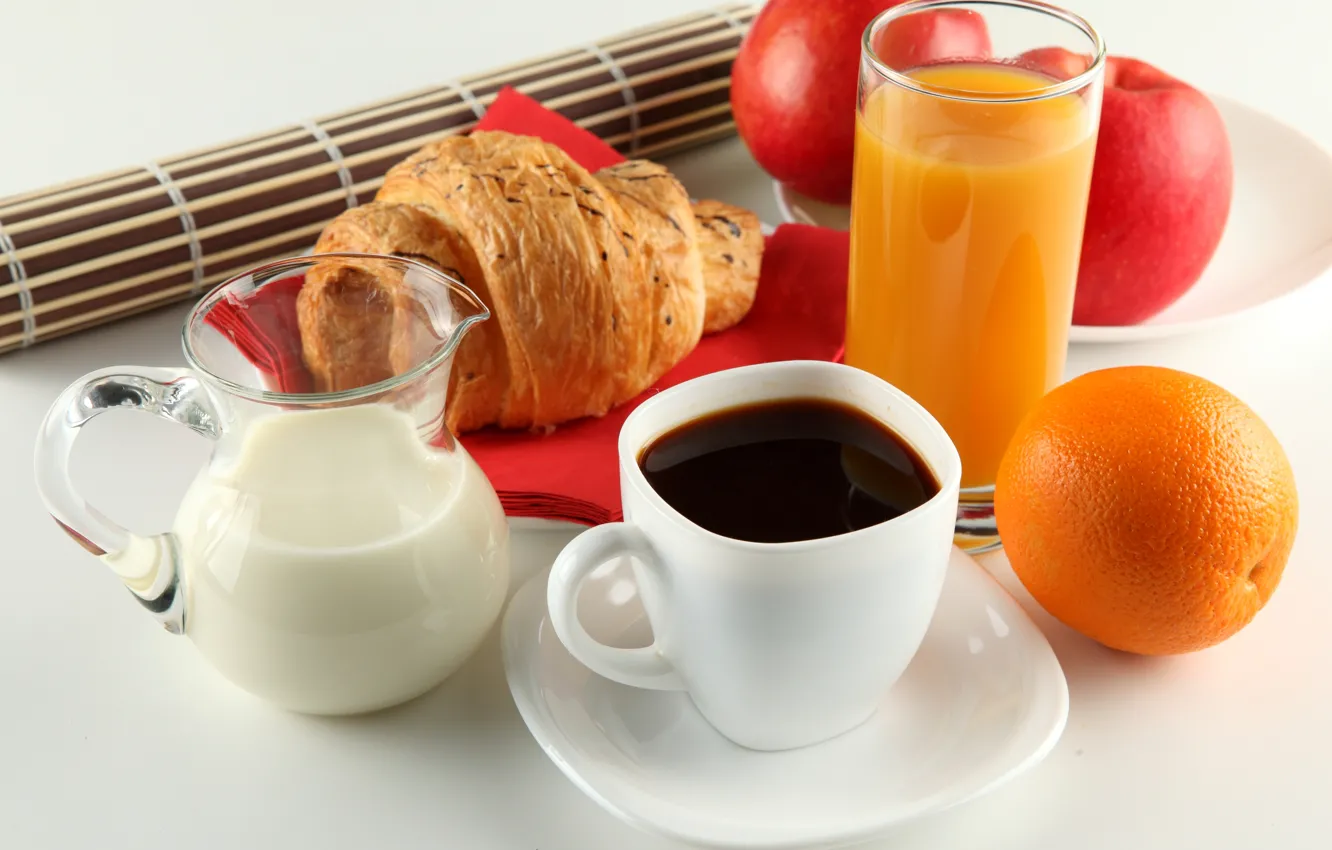 Photo wallpaper white, apples, coffee, orange, Breakfast, milk, juice, Cup