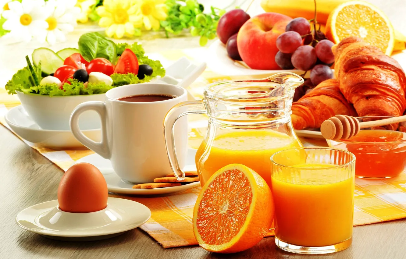 Photo wallpaper egg, coffee, orange, Breakfast, juice, honey, fruit, salad
