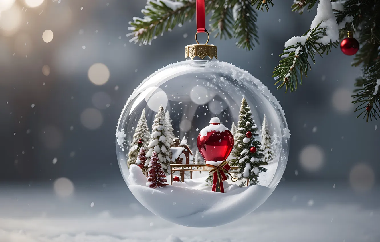 Photo wallpaper winter, snow, decoration, balls, new year, Christmas, glass, Christmas