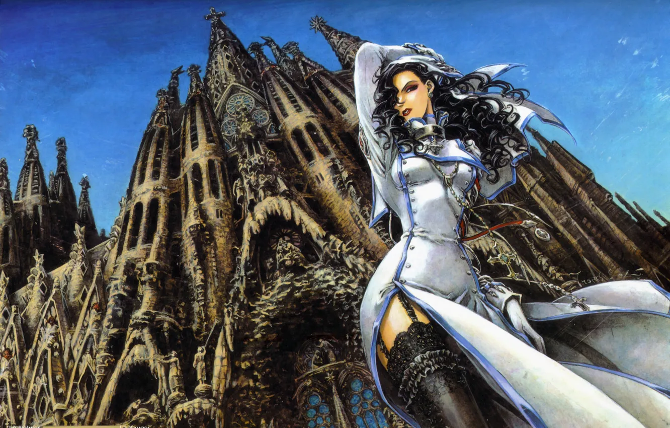 Photo wallpaper cross, the cut, Cathedral, trinity blood, curls, nun, Barcelona, blue sky