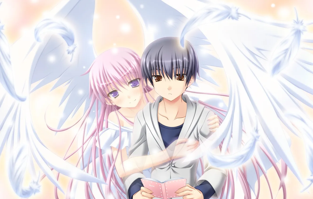 Photo wallpaper look, girl, smile, wings, angel, feathers, book, guy