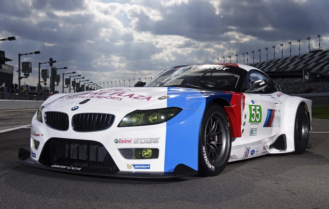 Photo wallpaper car, the sky, clouds, bmw, BMW, track, racing, race
