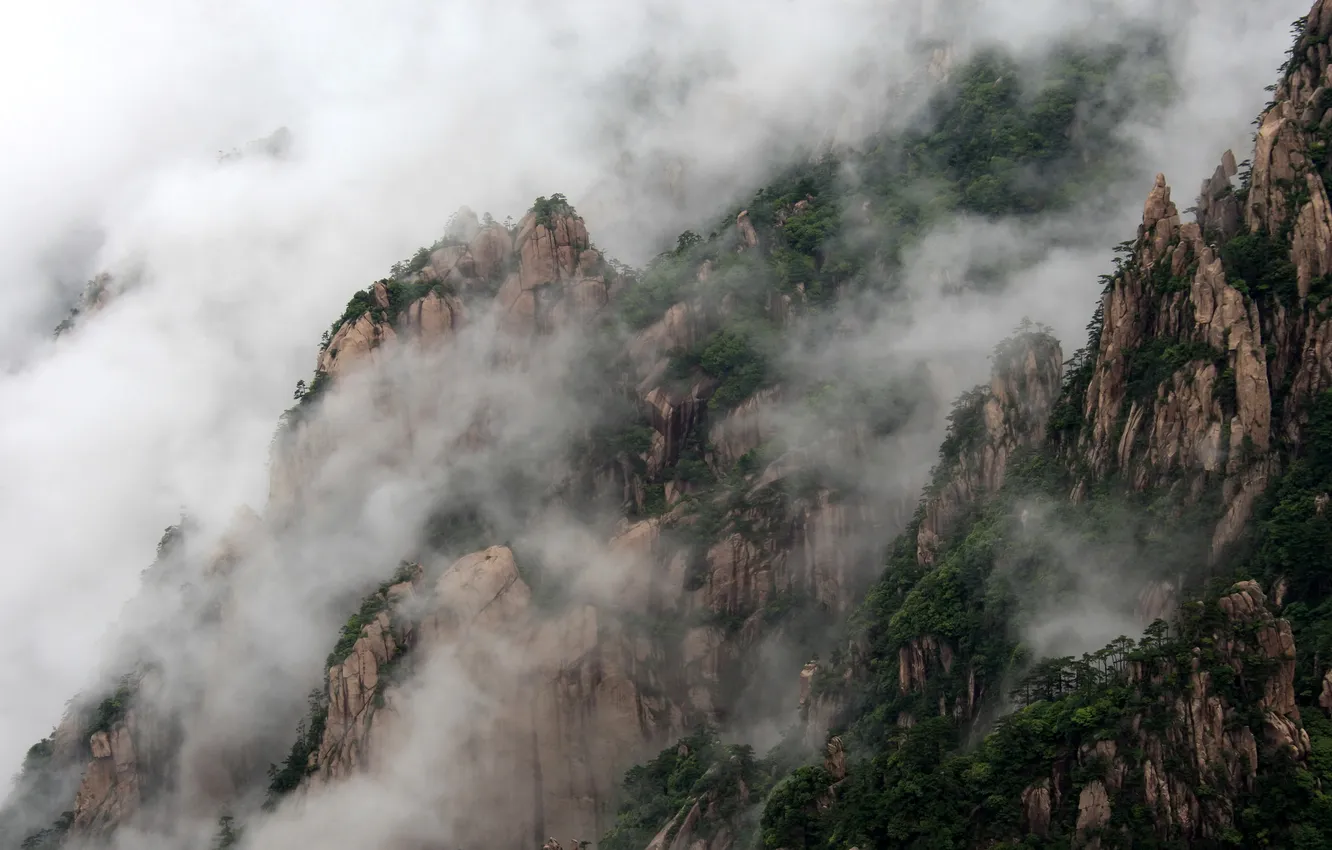 Photo wallpaper clouds, trees, mountains, rocks