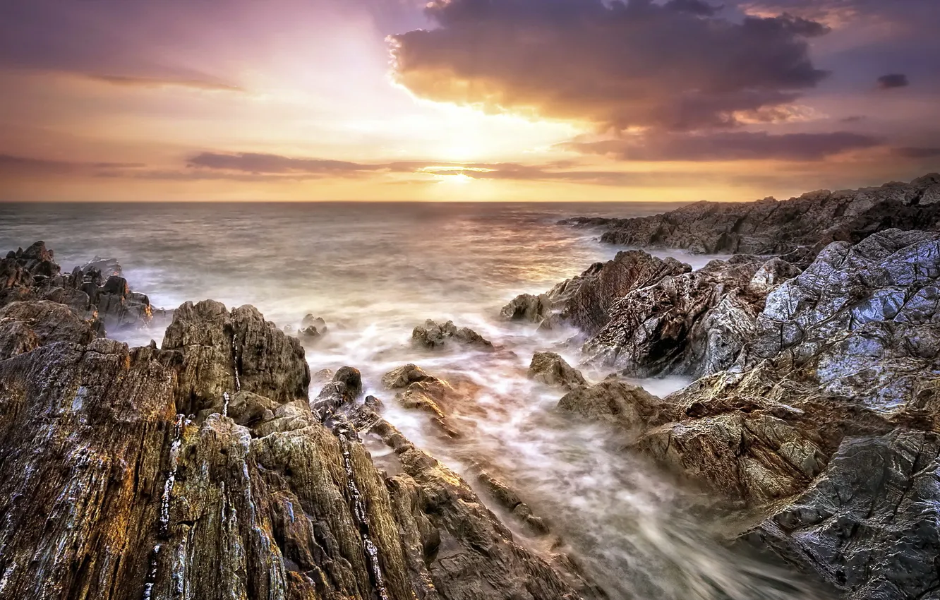 Photo wallpaper sea, landscape, sunset, rocks