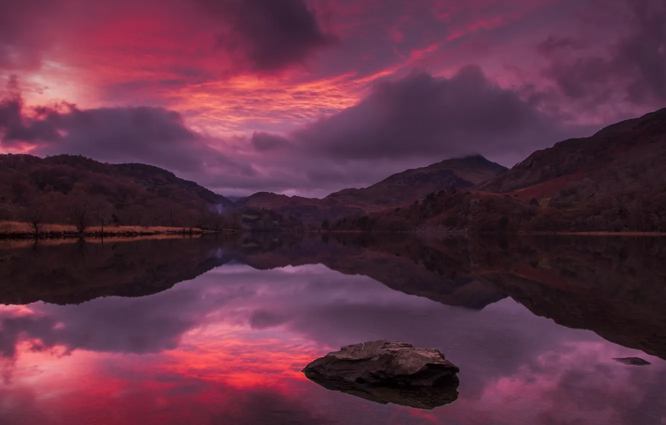 Photo wallpaper the sky, clouds, mountains, lake, the evening, glow