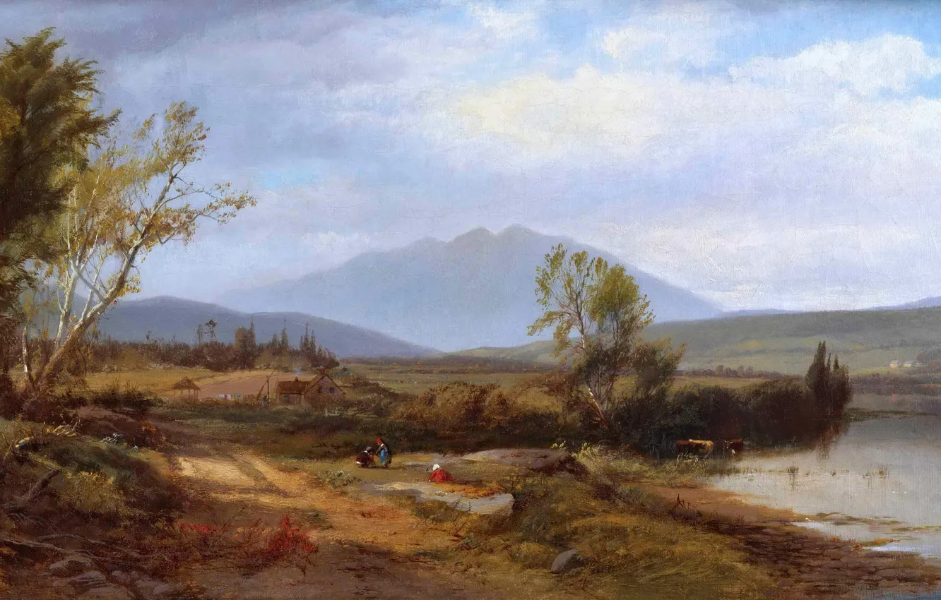 Photo wallpaper road, the sky, clouds, trees, landscape, mountains, river, stay