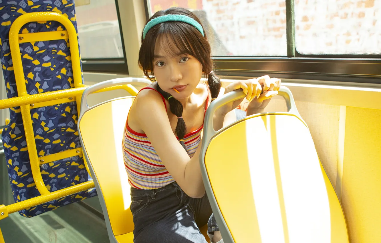 Photo wallpaper woman, beautiful, model, pretty, chair, jeans, Denim, asian