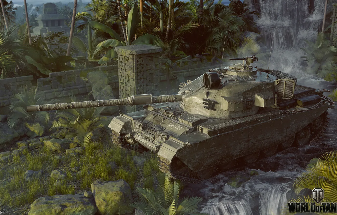 Photo wallpaper palm trees, waterfall, tank, World of Tanks, Centurion Action X