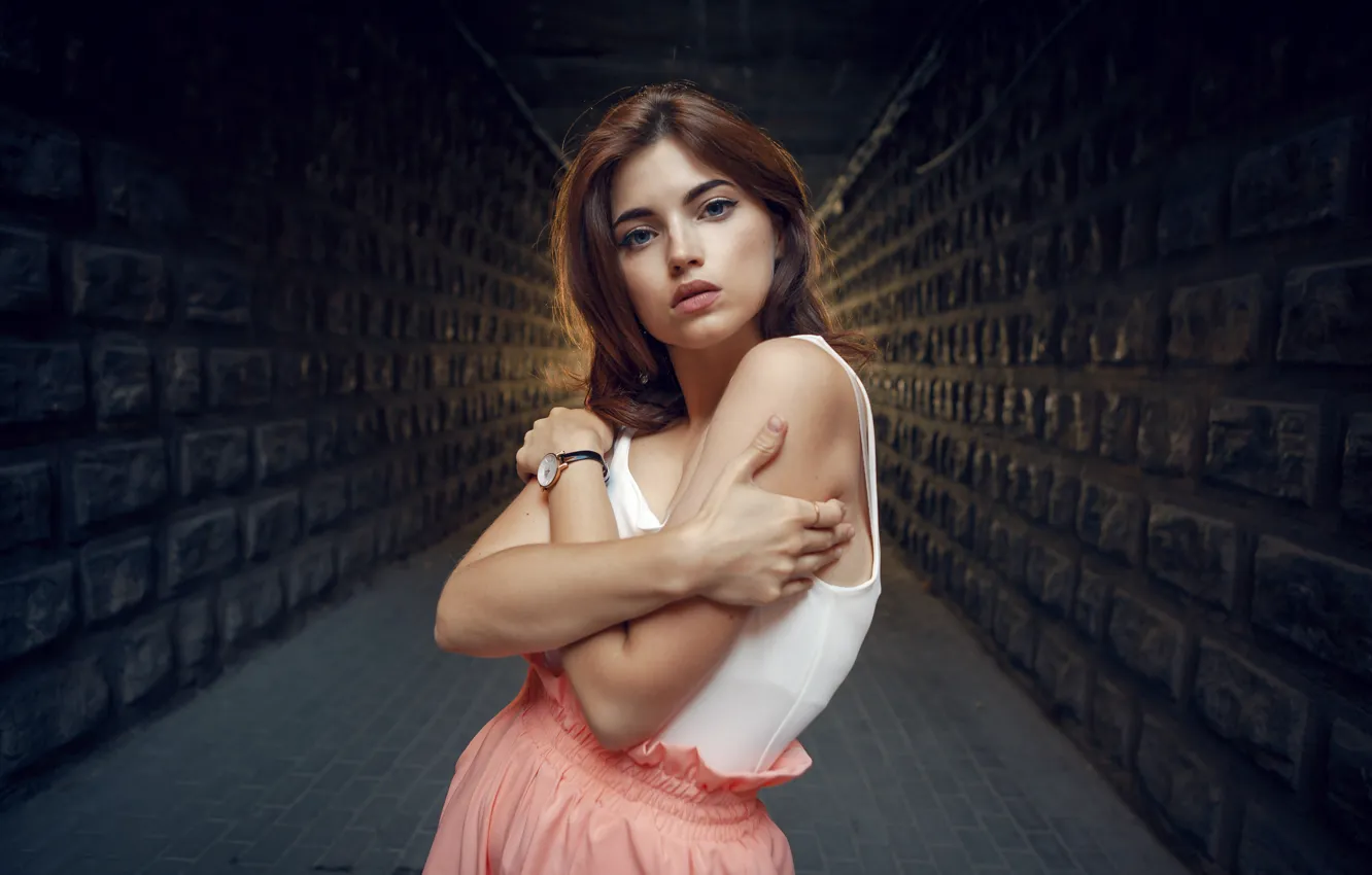 Photo wallpaper girl, pose, wall, Mike, brown hair, Dmitry Chernov