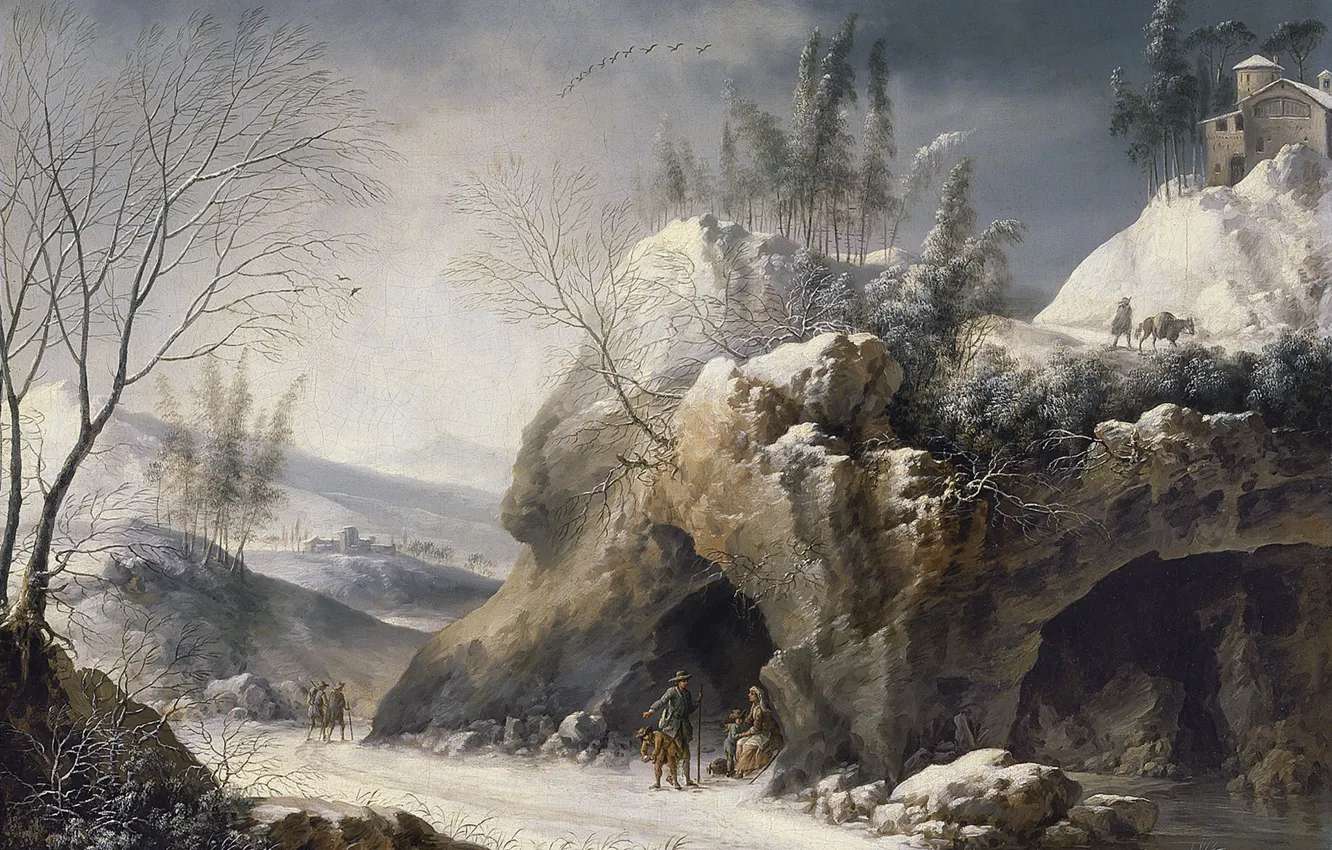 Photo wallpaper road, rocks, picture, Francesco Foschi, Winter Landscape with a Peasant Family