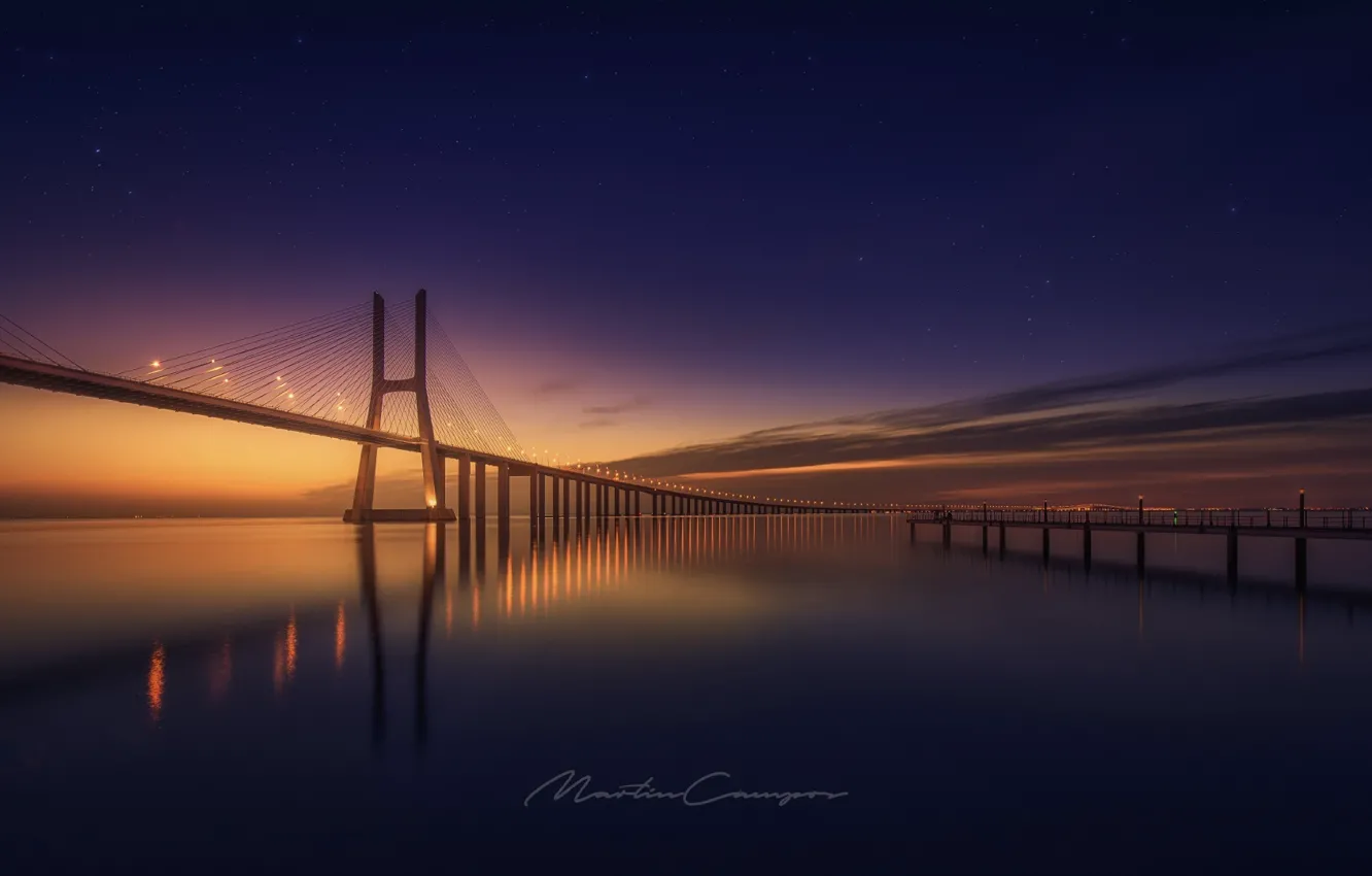 Photo wallpaper the sky, water, bridge, lights, the evening, Portugal