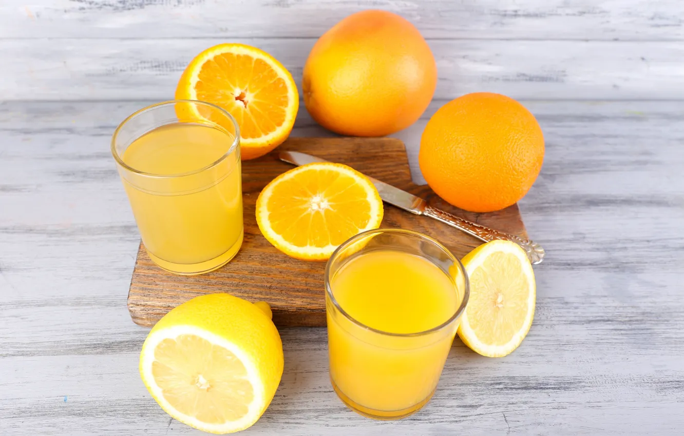Photo wallpaper orange, juice, glasses, citrus, drink, fresh, cutting Board