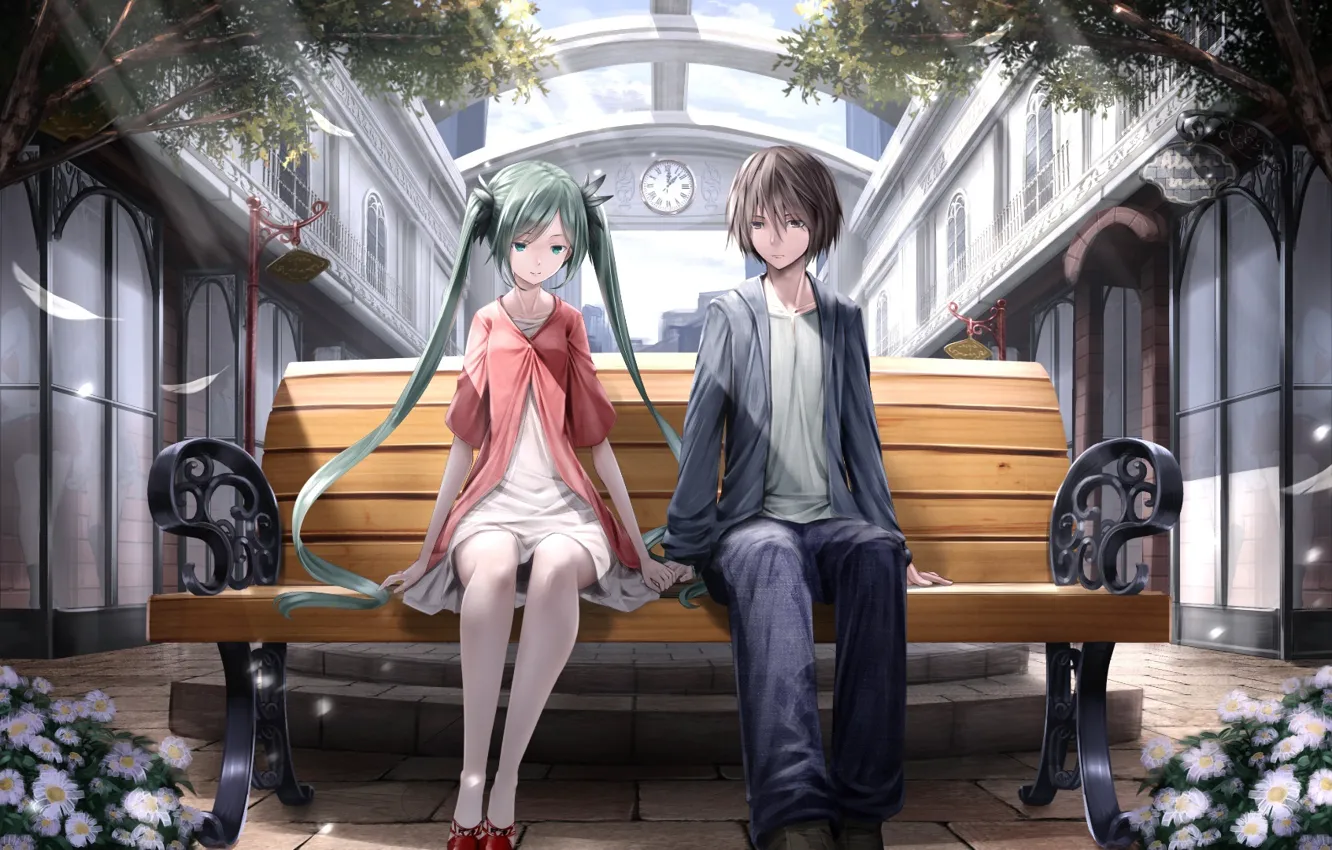 Photo wallpaper anime, art, pair, Vocaloid, bench
