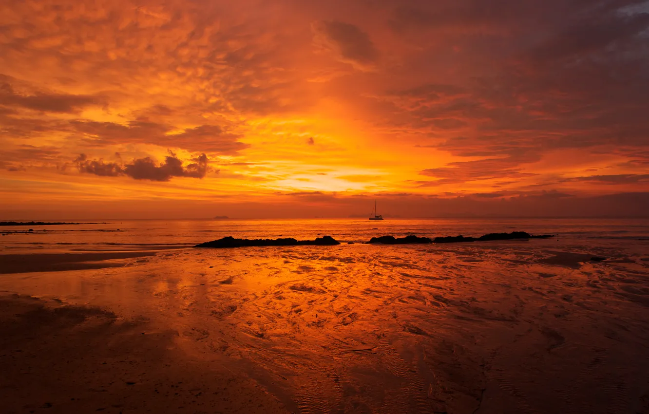 Photo wallpaper sea, the sky, water, clouds, surface, stones, the ocean, shore