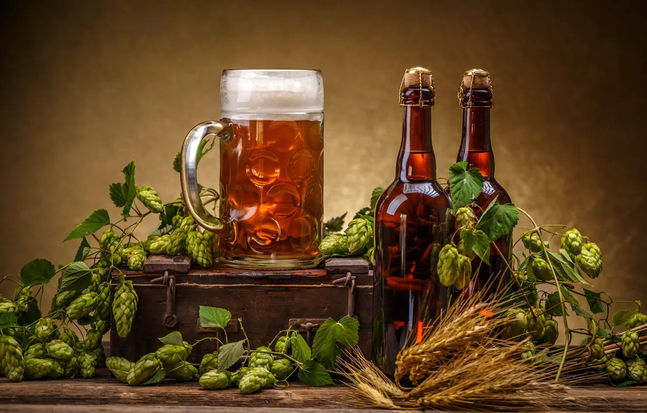 Photo wallpaper glass, leaves, table, background, two, bottle, beer, alcohol